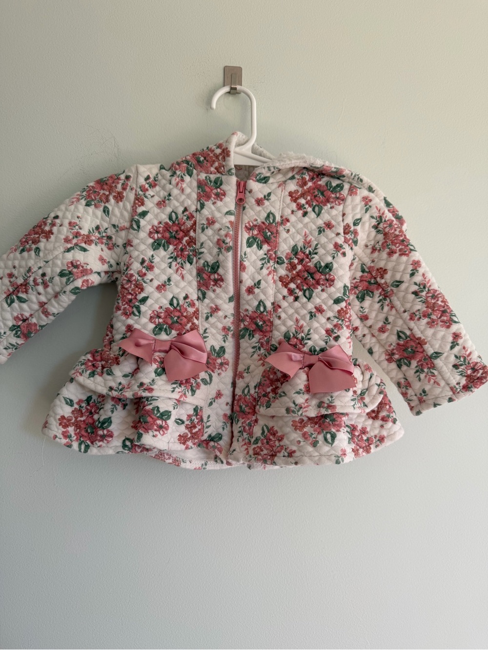 Little Lass Baby Floral Quilted Hooded Kids Jacket with Pink Bows Coquette Girly